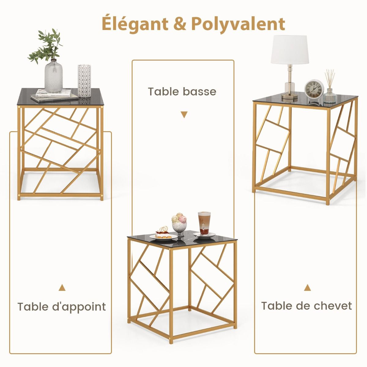 Table D'Appoint Carrée Bout De Canapé Avec Plateau En Verre Trempé Cadre Géométrique Doré Petite Table Basse Salon Moderne 50 X 50 X 55 Cm Noir
