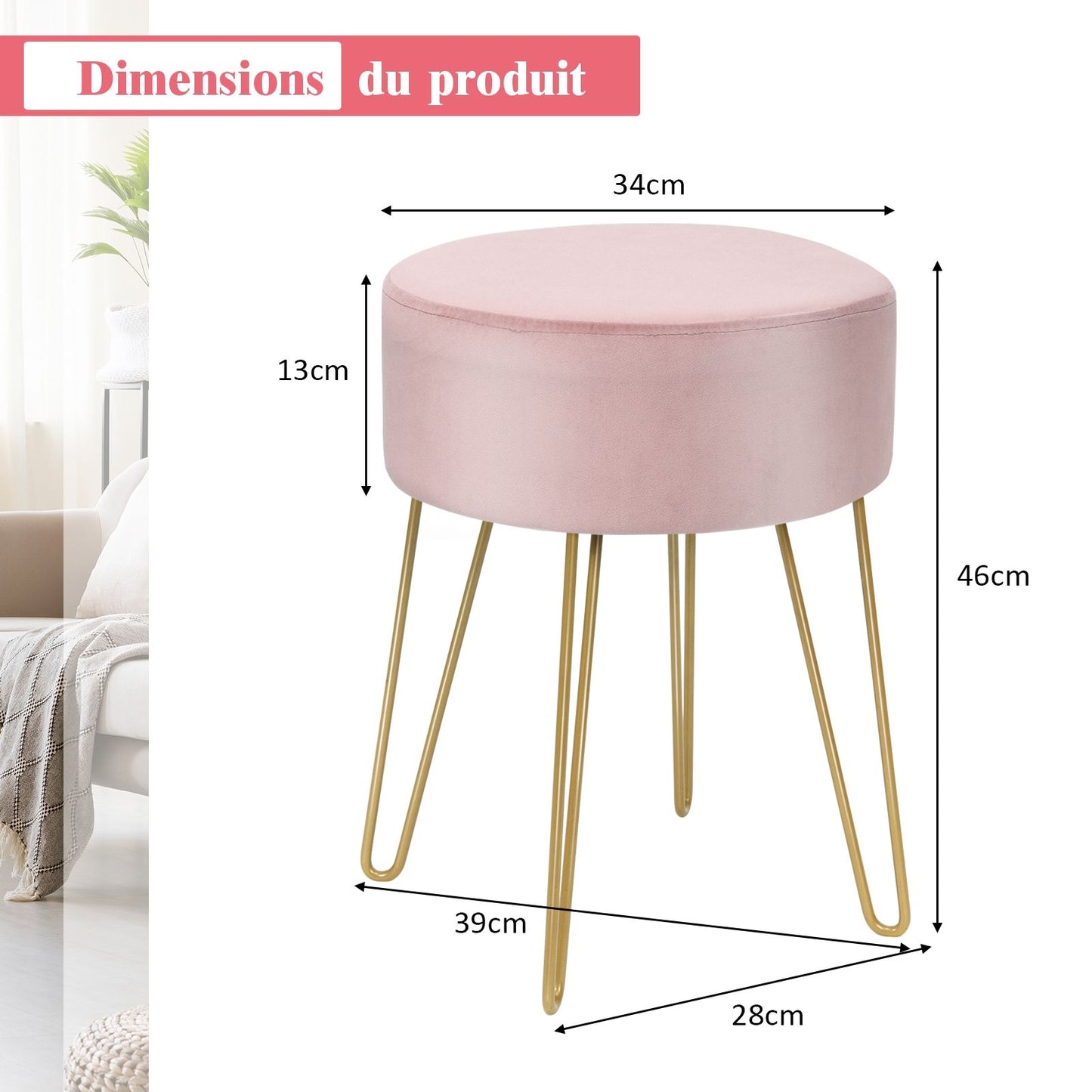 Pouf Tabouret Rond Ø39Cm En Velours Avec Pieds Métalliques Robustes Bleu Foncé/Gris/Rose