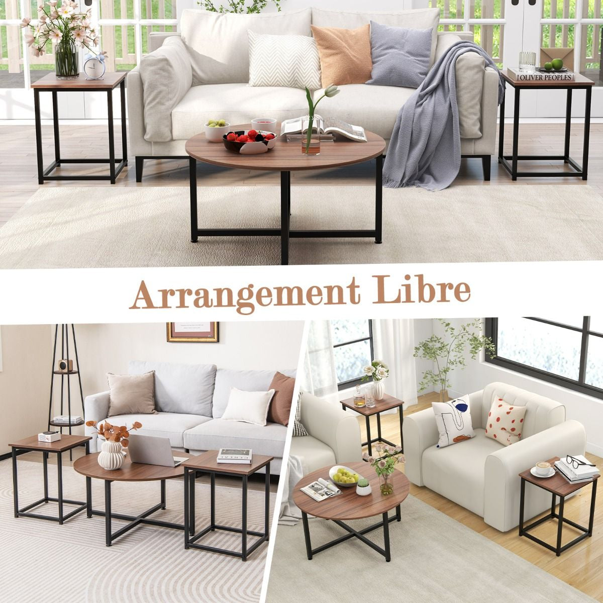 Ensemble De Tables Basses 3 Pièces Table Ronde Et 2 Tables D'Appoint Carrées Avec Cadre En Métal Robuste Noyer/Blanc/Gris