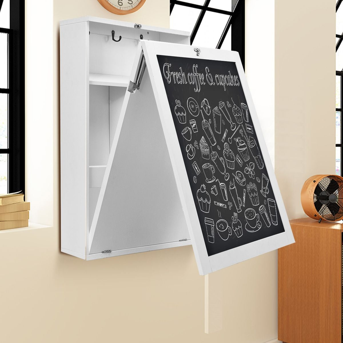 Table Murale Rabattable Bureau Mural Avec Tableau Noir Etagères Intégrées Secrétaire Mural En Mdf 75X15,8X60Cm Marron/Noir/Blanc