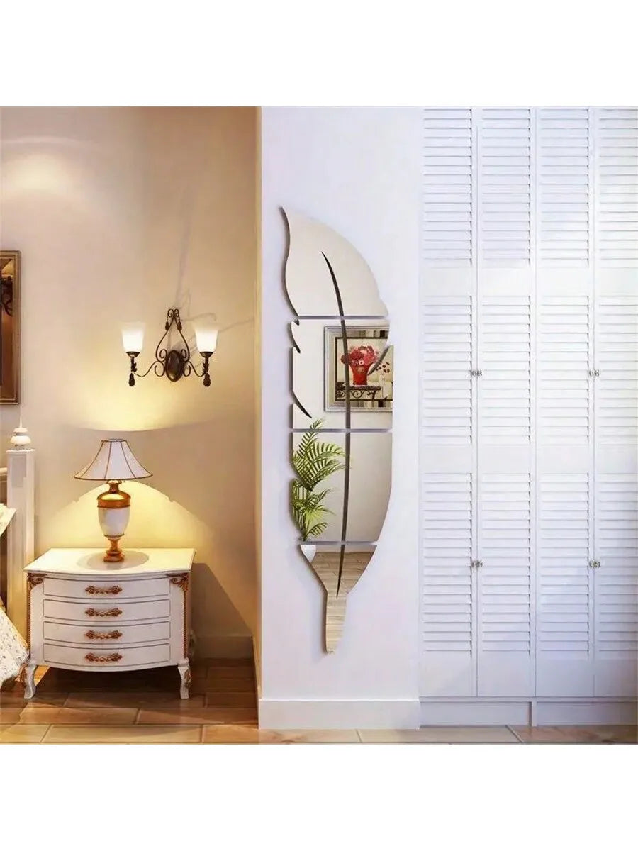 6Pcs/1Set Aryclic Feather Mirror Wall Stickers, Self Adhesive DIY Silver Home Art Decal Wall Decor, Living Room and Bedroom Wal