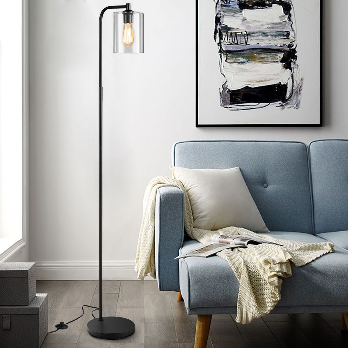 Lampadaire Sur Pied Lampadaire Style Industriel Avec Abat-Jour En Verre Suspendu Avec Interrupteur Au Pied Noir