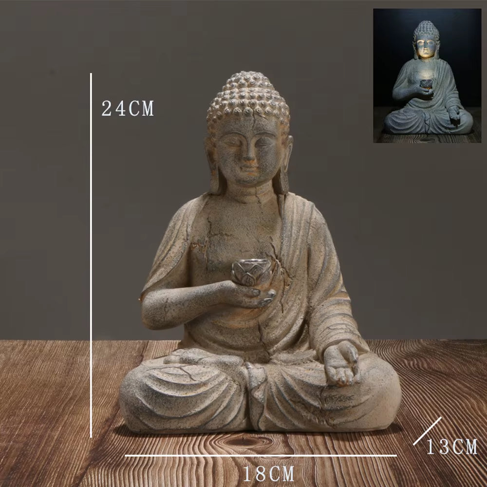 Statue de Bouddha Solaire en Résine – Sculpture Décorative pour Jardin avec Lumière – Ambiance Zen Asiatique Japonaise