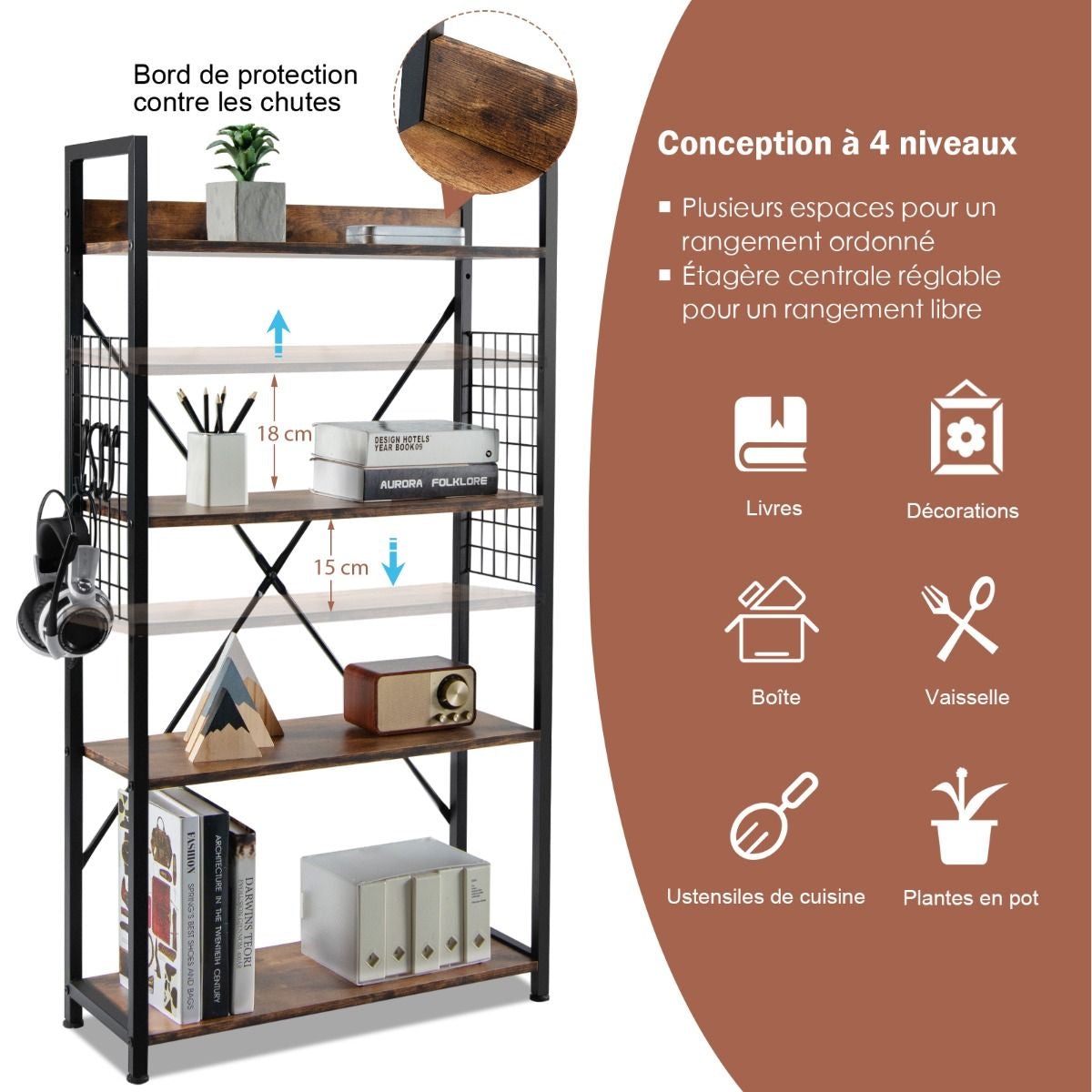 Étagère Industrielle À 4 Niveaux Bibliothèque Multifonctionnelle Avec Patins Et Étagère Réglables Pour Salon Bureau 64 X 24 X 110 Cm Café