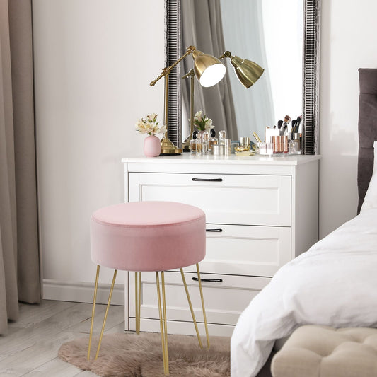 Pouf Tabouret Rond Ø39Cm En Velours Avec Pieds Métalliques Robustes Bleu Foncé/Gris/Rose