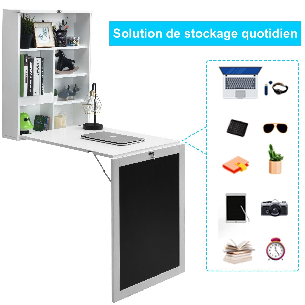 Table Murale Rabattable Bureau Mural Avec Tableau Noir Etagères Intégrées Secrétaire Mural En Mdf 75X15,8X60Cm Marron/Noir/Blanc
