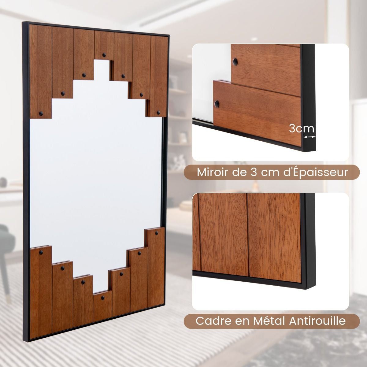 Miroir Mural Rectangulaire Décoratif Grand Miroir Mural 100 X 66 Cm Avec Cadre En Forme De Touches De Piano Crochet Bidirectionnel Pour Salon Noir