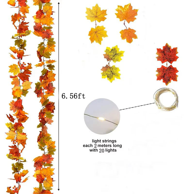 Guirlande de feuilles d'érable artificielles d'automne – 200 cm