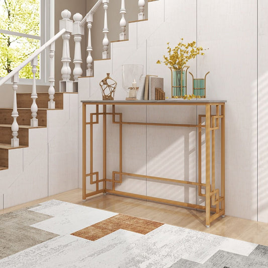 Table Console Meuble D'Entrée En Faux Marbre Cadre En Métal Doré Design Géométrique Kit Anti-Basculement 110 X 30 X 81 Cm Blanc