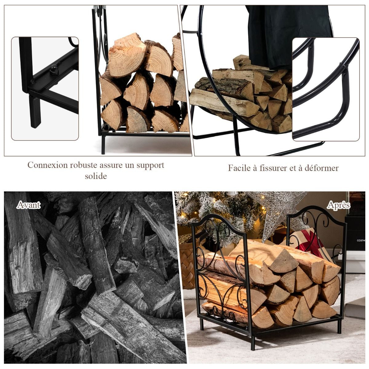 Porte-Bûches En Fer Forgé Avec Poignée Charge Max 60 Kg De Bois Range-Bûche Pour Poêle Brasero Foyer Cheminée 44X32X39,5Cm