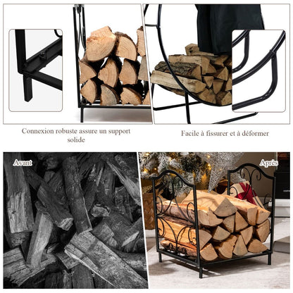 Porte-Bûches En Fer Forgé Avec Poignée Charge Max 60 Kg De Bois Range-Bûche Pour Poêle Brasero Foyer Cheminée 44X32X39,5Cm