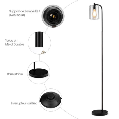 Lampadaire Sur Pied Lampadaire Style Industriel Avec Abat-Jour En Verre Suspendu Avec Interrupteur Au Pied Noir
