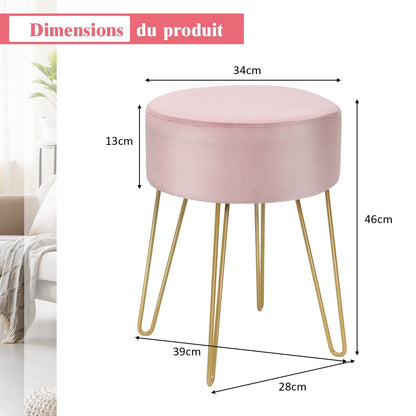 Pouf Tabouret Rond Ø39Cm En Velours Avec Pieds Métalliques Robustes Bleu Foncé/Gris/Rose