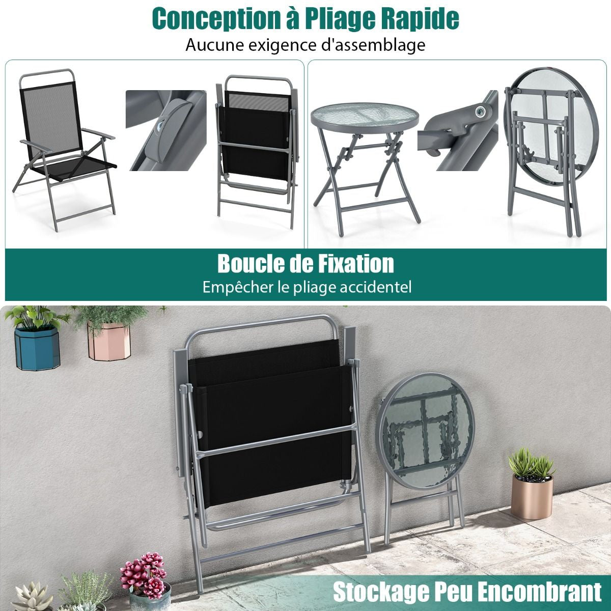 Salon De Jardin 3 Pièces Pour Patio Cadre Métallique Avec Table Basse En Verre Trempé Ensemble De Chaises Et Table Pliantes Portables Noir