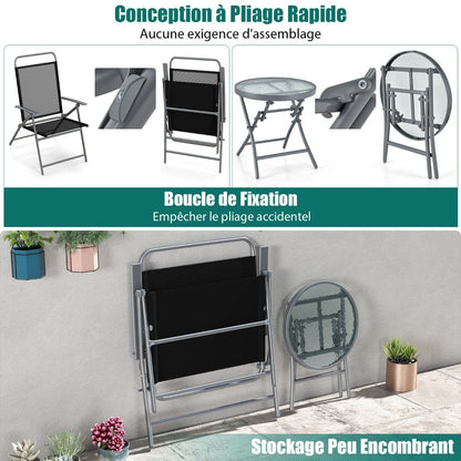 Salon De Jardin 3 Pièces Pour Patio Cadre Métallique Avec Table Basse En Verre Trempé Ensemble De Chaises Et Table Pliantes Portables Noir