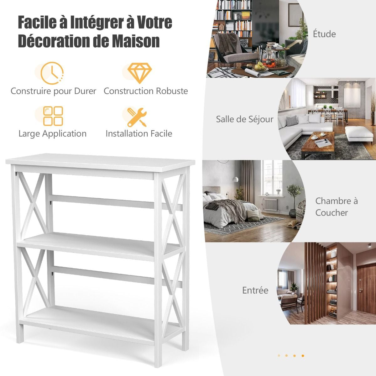 Bibliothèque Étagère De Rangement 3 Niveaux Table Console Dispositif Anti-Basculement Entrée Salon Bureau Noir/Blanc/Marron