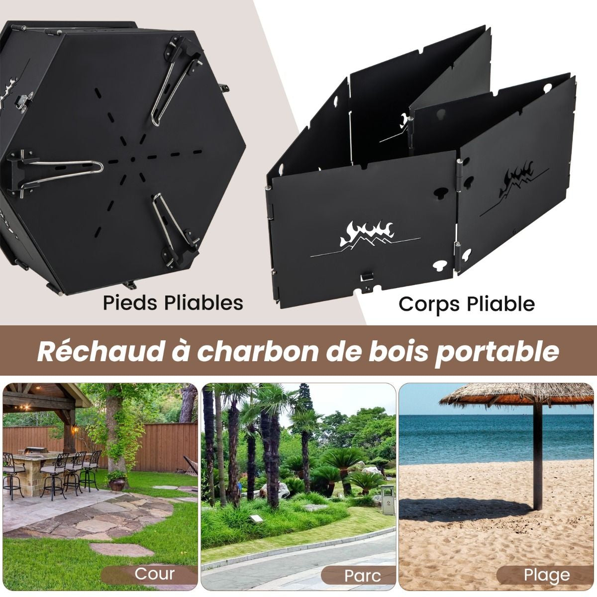 Barbecue De Charbon De Bois Portable Avec Grille Rotative À 360° Barbecue Portable Avec Poignées Corps Et Pieds Pliables, Pour Pique-Nique Camping