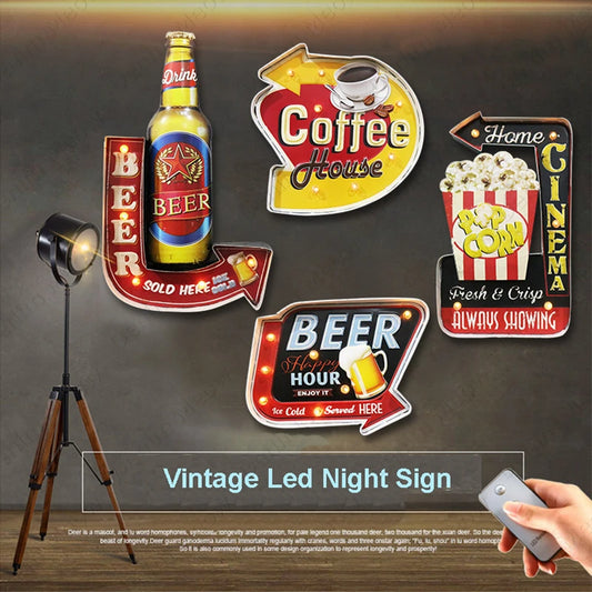 Ice Cold Beer LED Neon Light Signs, Vintage Metal Signs, Bar, Cafe, Cinema, Popcorn Advertisement Night Sign, Remote Control