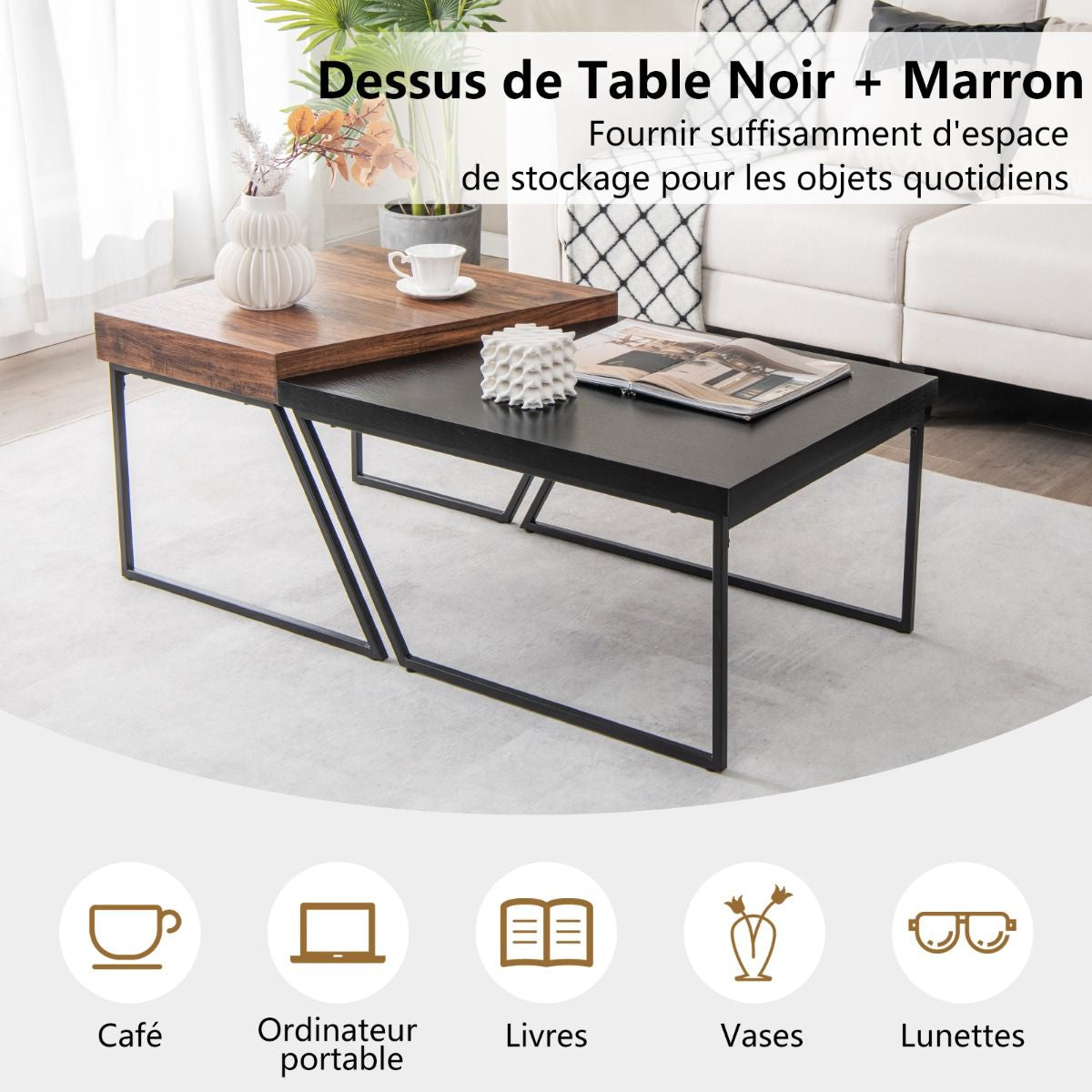 Lot de 2 tables basses gigognes avec cadre métal