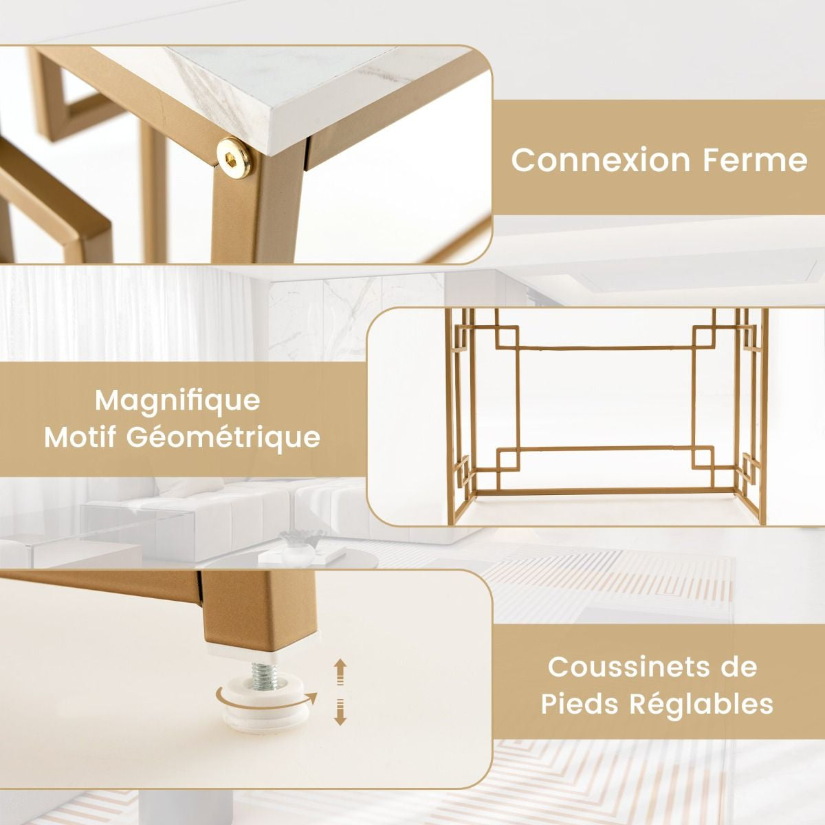 Table Console Meuble D'Entrée En Faux Marbre Cadre En Métal Doré Design Géométrique Kit Anti-Basculement 110 X 30 X 81 Cm Blanc