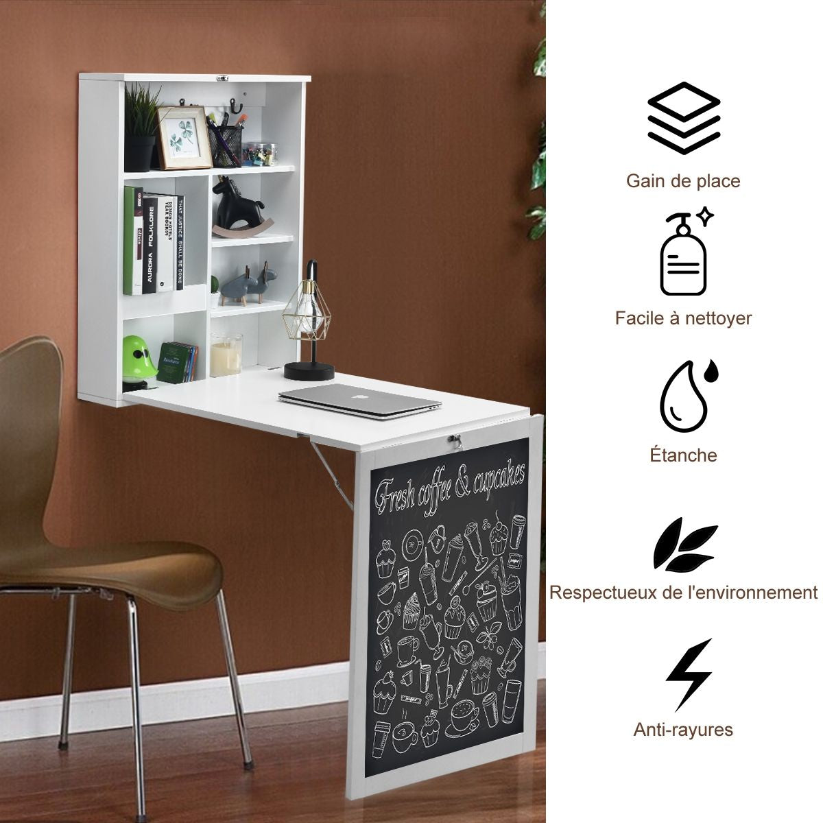 Table Murale Rabattable Bureau Mural Avec Tableau Noir Etagères Intégrées Secrétaire Mural En Mdf 75X15,8X60Cm Marron/Noir/Blanc