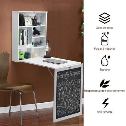 Table Murale Rabattable Bureau Mural Avec Tableau Noir Etagères Intégrées Secrétaire Mural En Mdf 75X15,8X60Cm Marron/Noir/Blanc