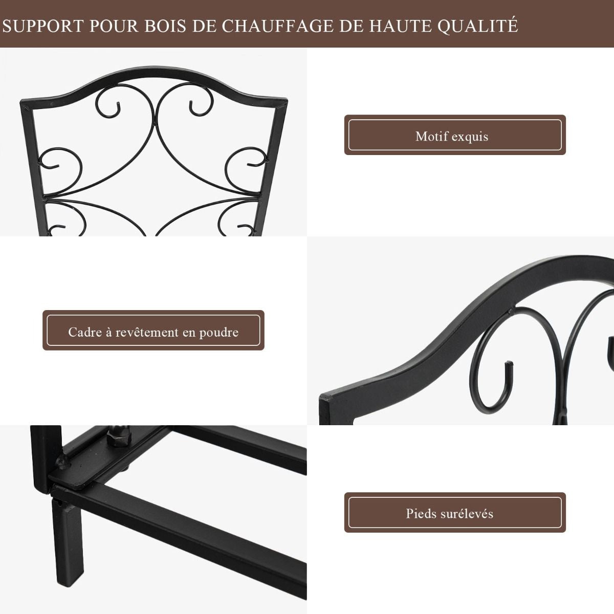 Porte-Bûches En Fer Forgé Avec Poignée Charge Max 60 Kg De Bois Range-Bûche Pour Poêle Brasero Foyer Cheminée 44X32X39,5Cm