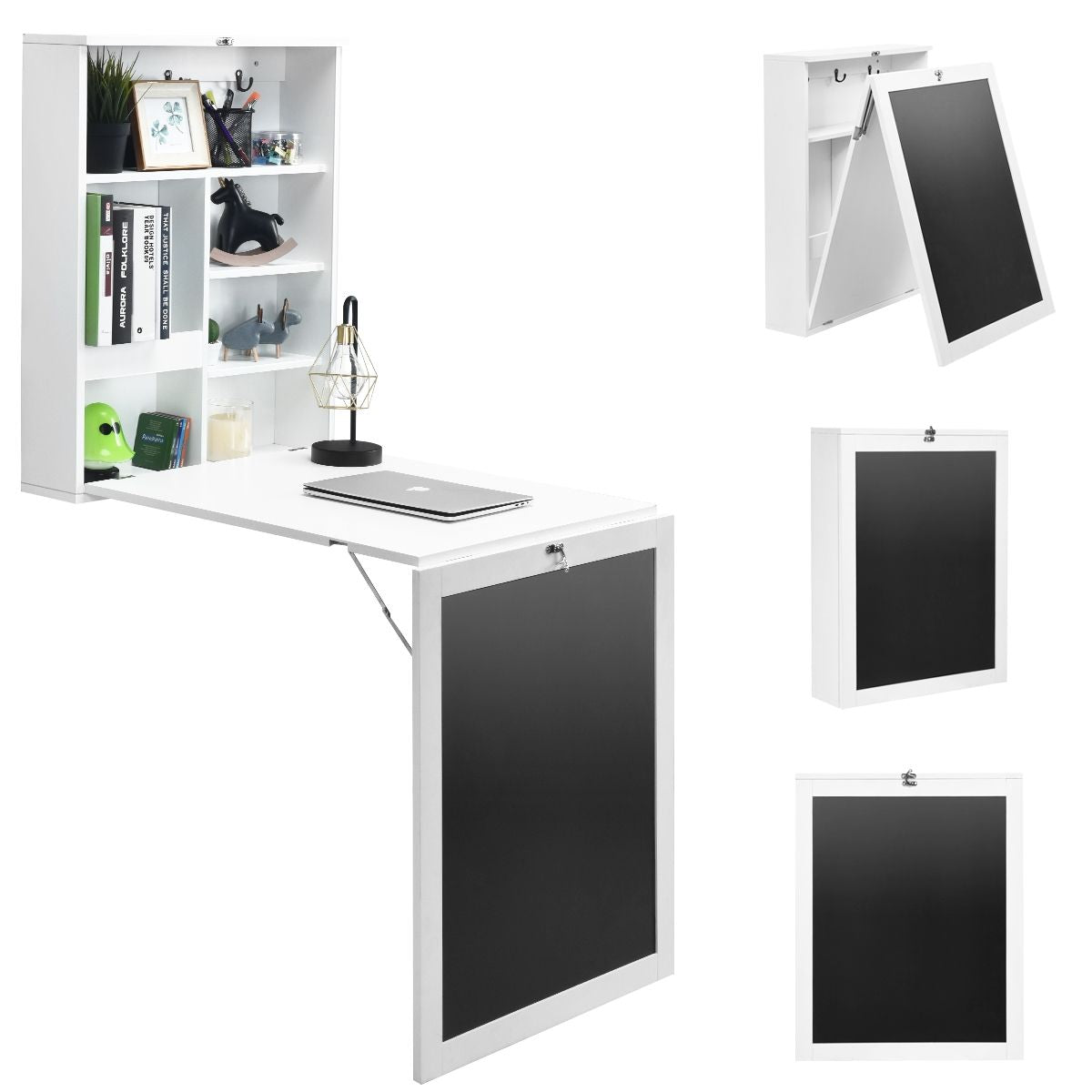Table Murale Rabattable Bureau Mural Avec Tableau Noir Etagères Intégrées Secrétaire Mural En Mdf 75X15,8X60Cm Marron/Noir/Blanc