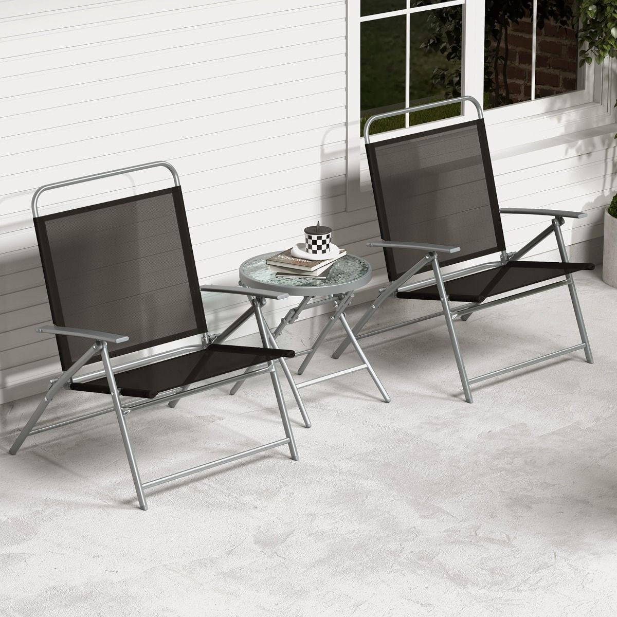 Salon De Jardin 3 Pièces Pour Patio Cadre Métallique Avec Table Basse En Verre Trempé Ensemble De Chaises Et Table Pliantes Portables Noir