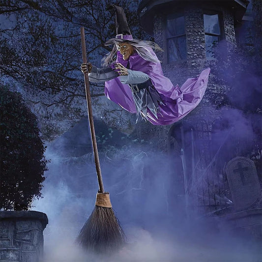 🎃 Décoration d’Halloween – Sorcière volante effrayante avec voix terrifiante, suspendue, lumineuse et sonore