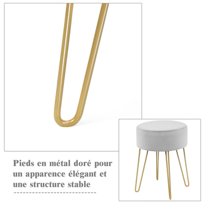 Pouf Tabouret Rond Ø39Cm En Velours Avec Pieds Métalliques Robustes Bleu Foncé/Gris/Rose