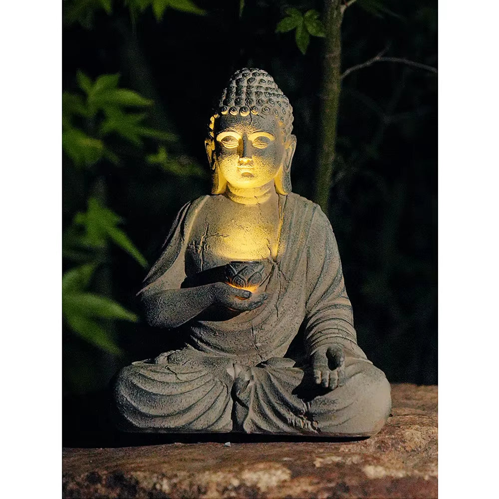 Statue de Bouddha Solaire en Résine – Sculpture Décorative pour Jardin avec Lumière – Ambiance Zen Asiatique Japonaise
