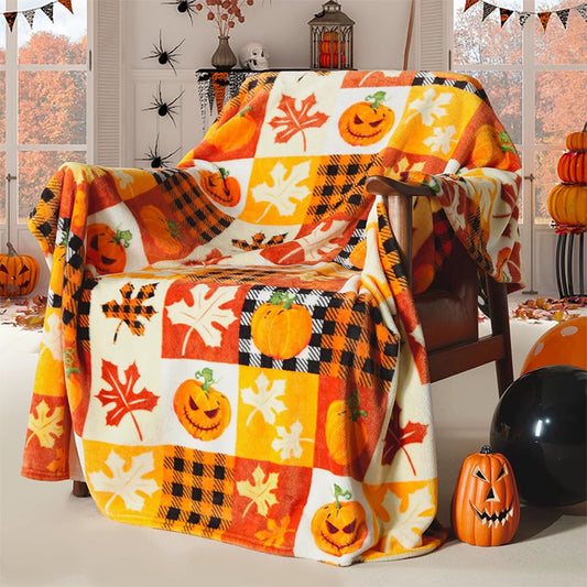 couverture polaire à motifs citrouilles et feuilles