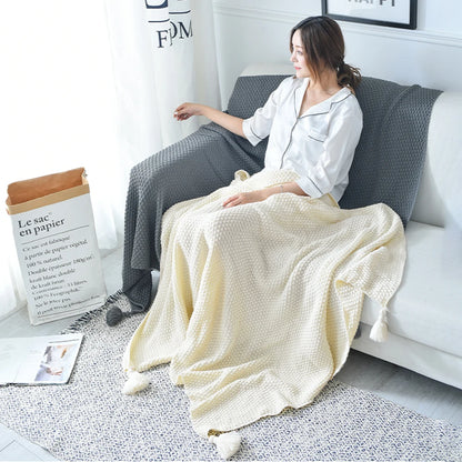 Tassel Knitted Ball Woolen Blanket Sofa Super Warm Cozy Throw Blankets for Office Siesta Air-Conditioner Bedspread Bedding