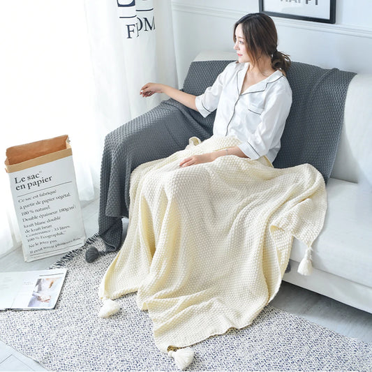 Tassel Knitted Ball Woolen Blanket Sofa Super Warm Cozy Throw Blankets for Office Siesta Air-Conditioner Bedspread Bedding