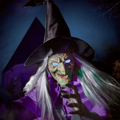 🎃 Décoration d’Halloween – Sorcière volante effrayante avec voix terrifiante, suspendue, lumineuse et sonore