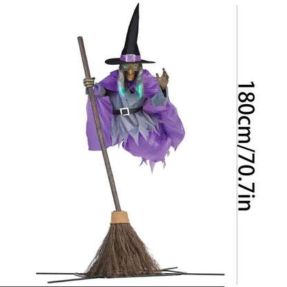🎃 Décoration d’Halloween – Sorcière volante effrayante avec voix terrifiante, suspendue, lumineuse et sonore