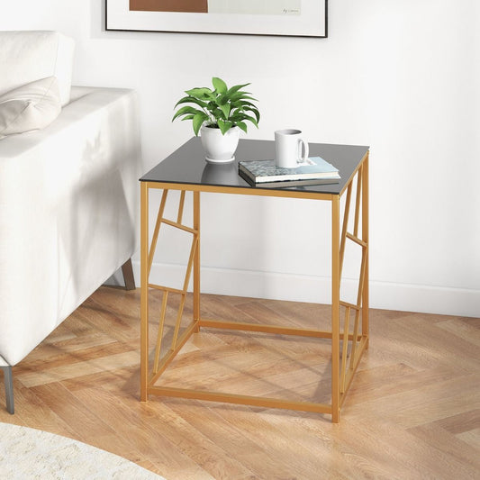 Table D'Appoint Carrée Bout De Canapé Avec Plateau En Verre Trempé Cadre Géométrique Doré Petite Table Basse Salon Moderne 50 X 50 X 55 Cm Noir