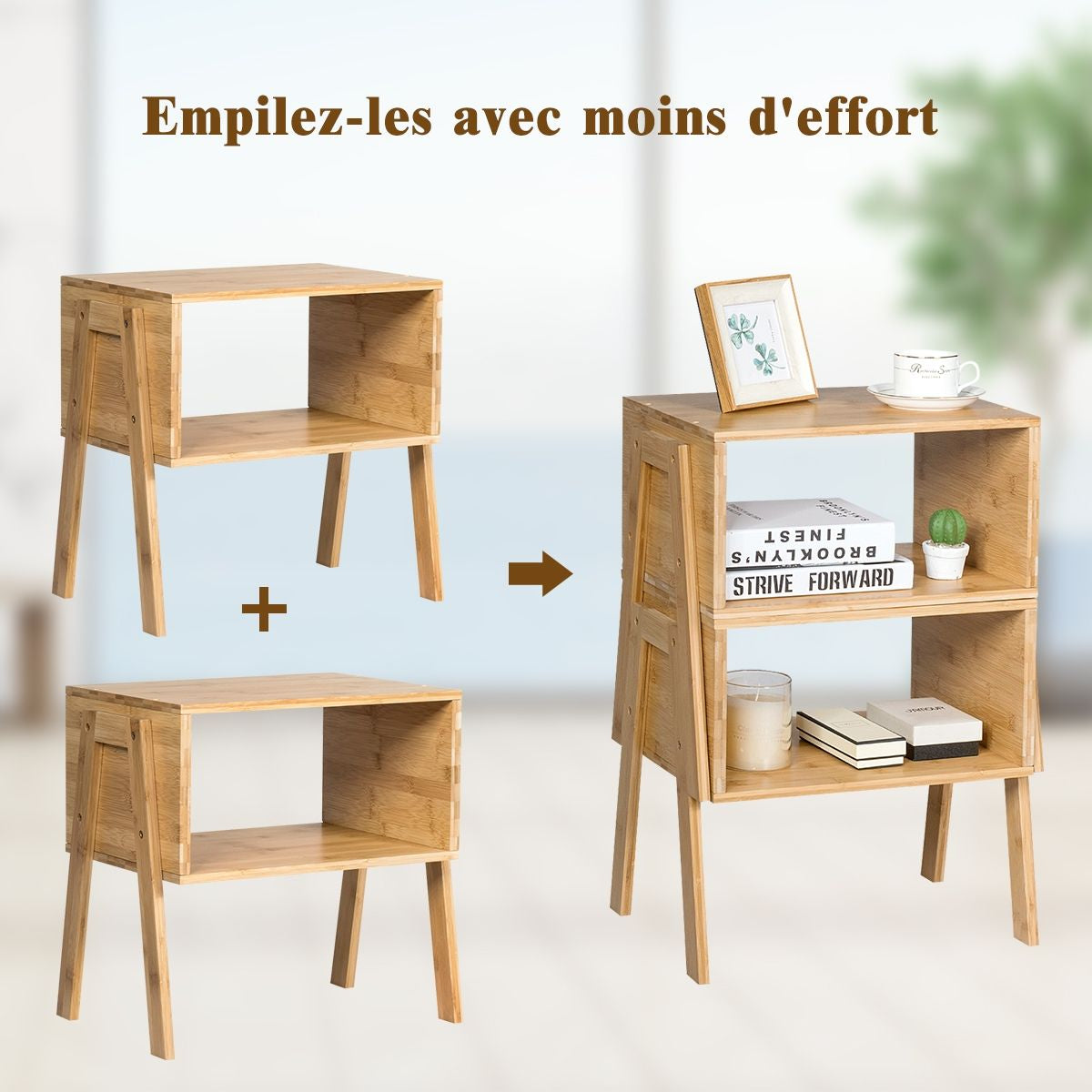 Lot De 2 Table De Chevet Matériau Non-Toxique Avec Compartiment De Rangement Ouvert Naturel