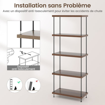 Etagère À 5 Niveaux Bibliothèque Autoportante Avec Cadre En Métal Étagère De Rangement De Style Industriel Finition Grain De Bois Noyer