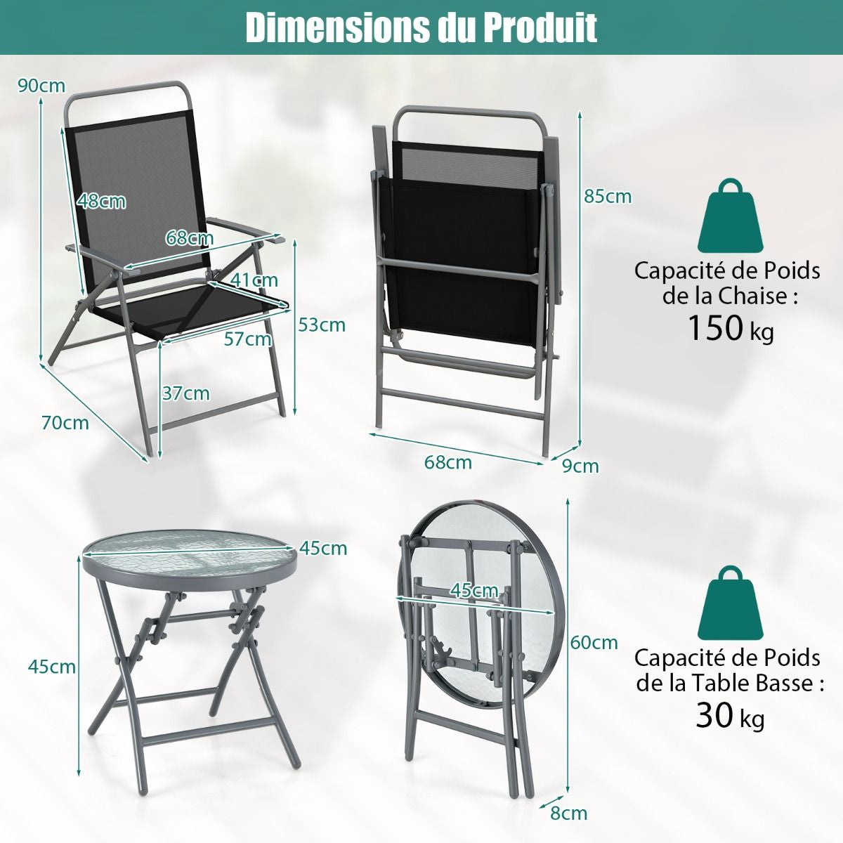 Salon De Jardin 3 Pièces Pour Patio Cadre Métallique Avec Table Basse En Verre Trempé Ensemble De Chaises Et Table Pliantes Portables Noir