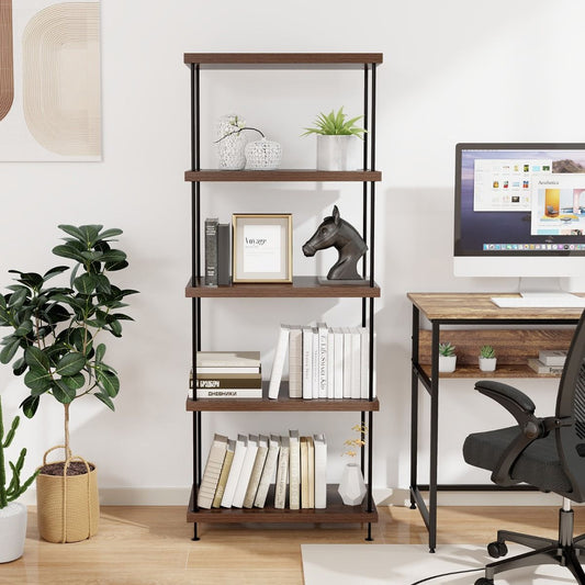 Etagère À 5 Niveaux Bibliothèque Autoportante Avec Cadre En Métal Étagère De Rangement De Style Industriel Finition Grain De Bois Noyer