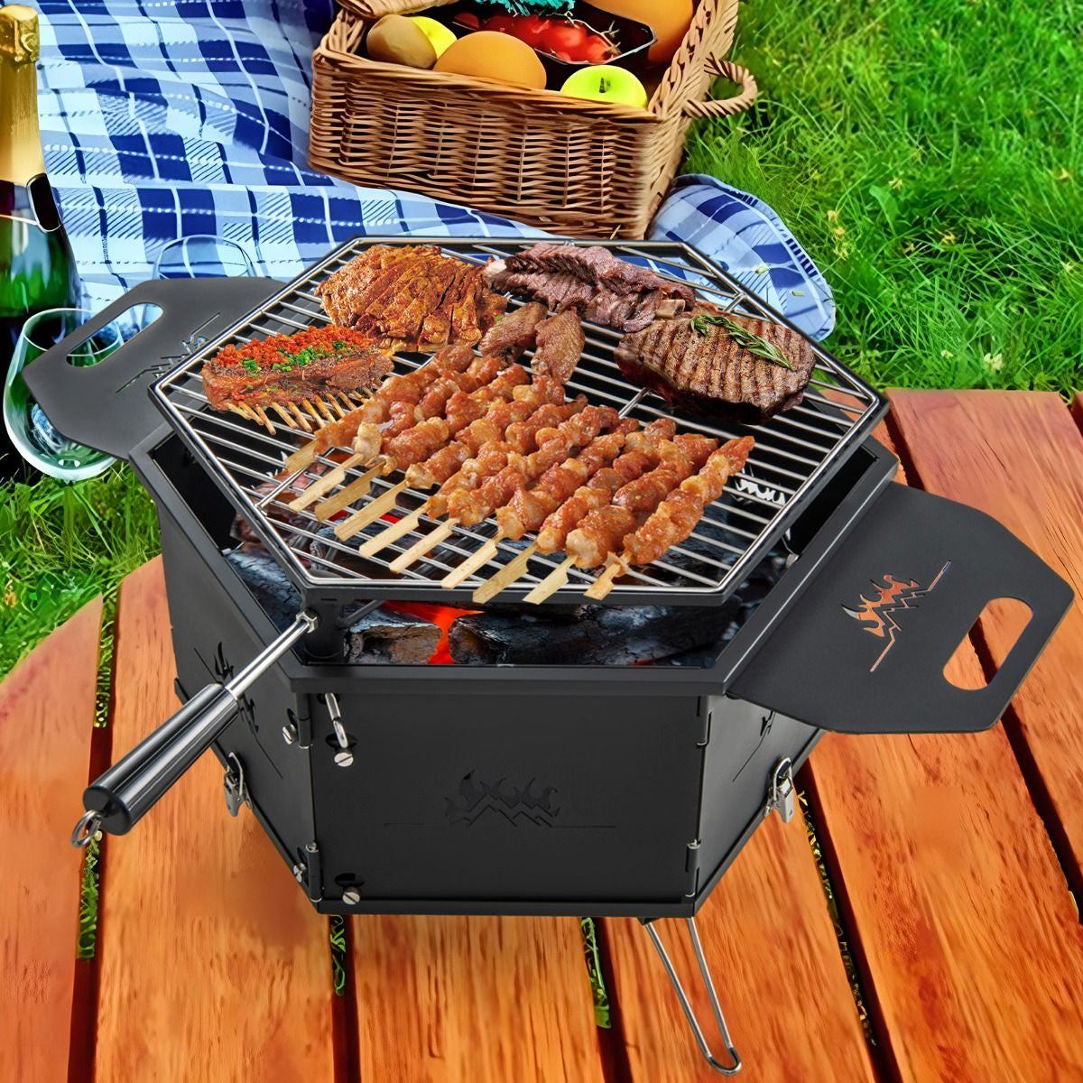 Barbecue De Charbon De Bois Portable Avec Grille Rotative À 360° Barbecue Portable Avec Poignées Corps Et Pieds Pliables, Pour Pique-Nique Camping