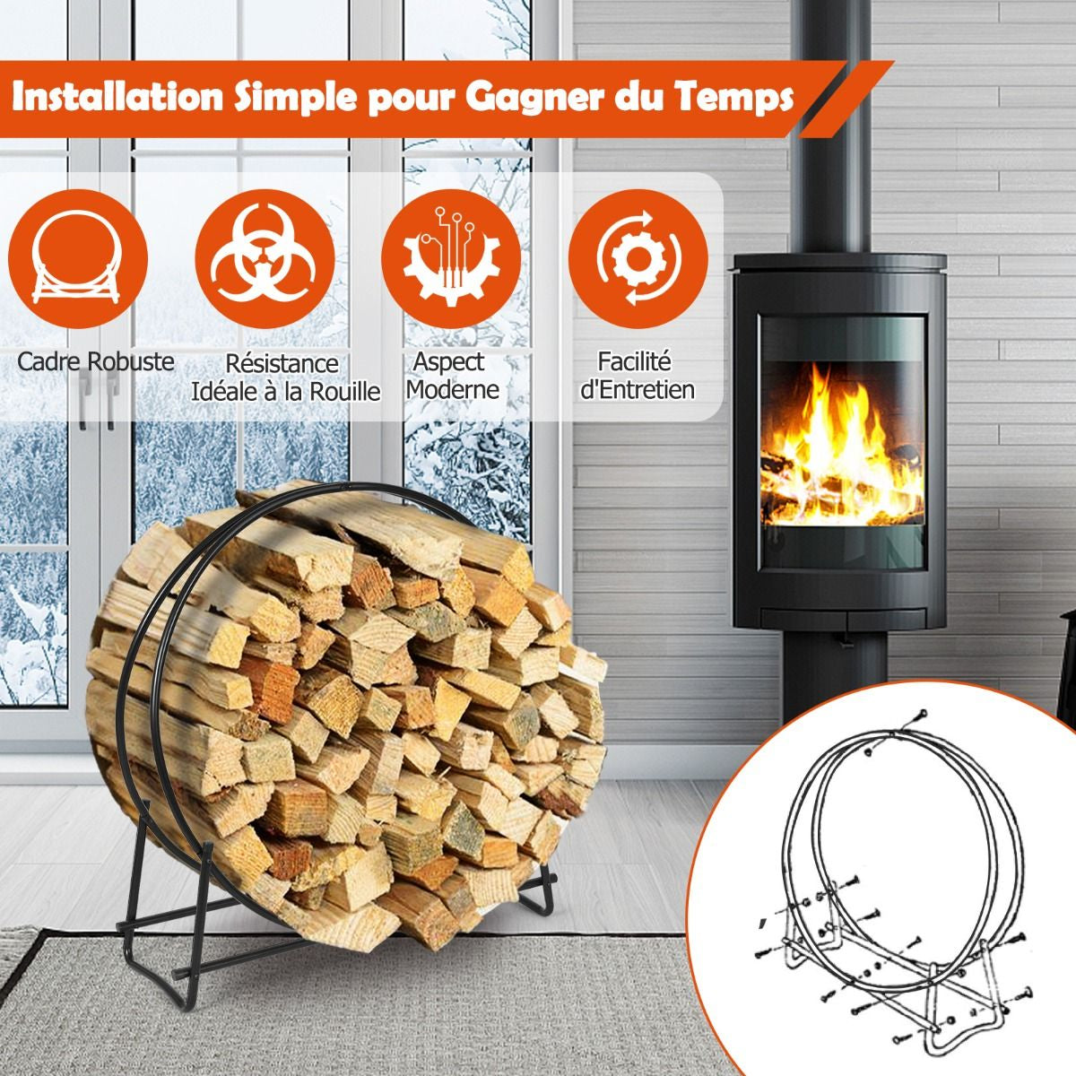 Range-Bûches 102 CM Support Tubulaire Métallique Robuste Pour Bois De Chauffage Montage Facile Range-Bûches Pour Patio Noir