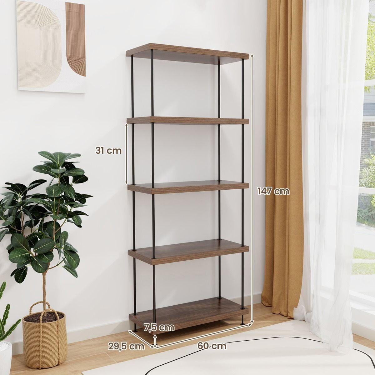 Etagère À 5 Niveaux Bibliothèque Autoportante Avec Cadre En Métal Étagère De Rangement De Style Industriel Finition Grain De Bois Noyer