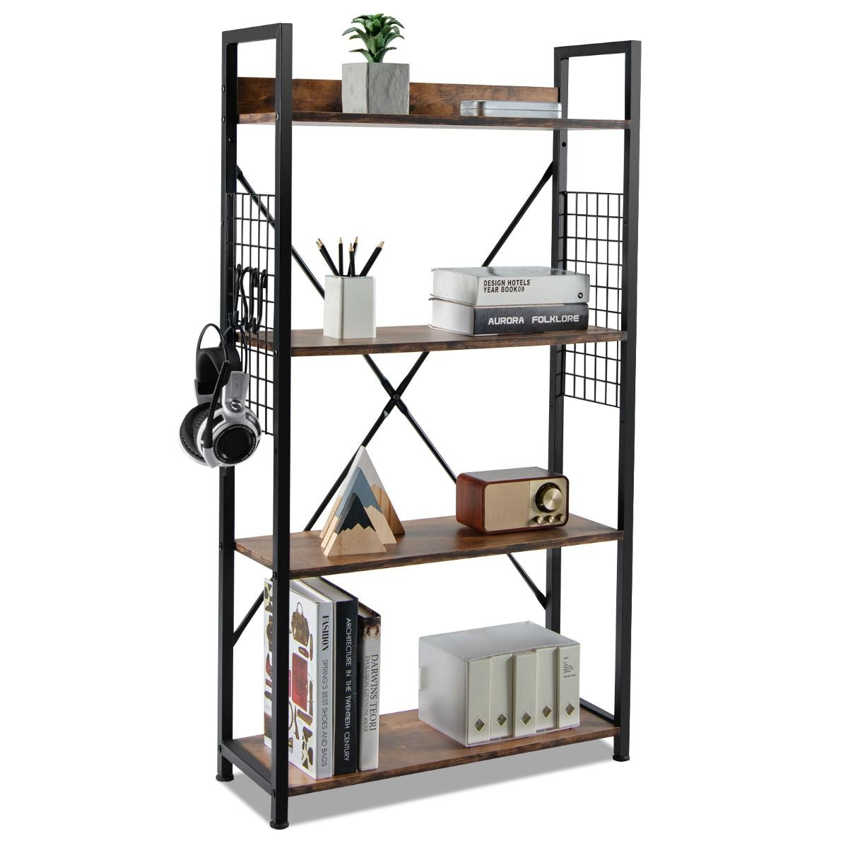 Étagère Industrielle À 4 Niveaux Bibliothèque Multifonctionnelle Avec Patins Et Étagère Réglables Pour Salon Bureau 64 X 24 X 110 Cm Café
