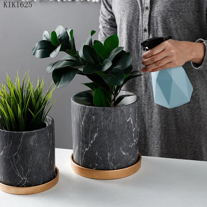 European Style Marbled Cylindrical Ceramic Flowerpot with Golden Tray Household Succulents Potted Gardening Garden Decoration