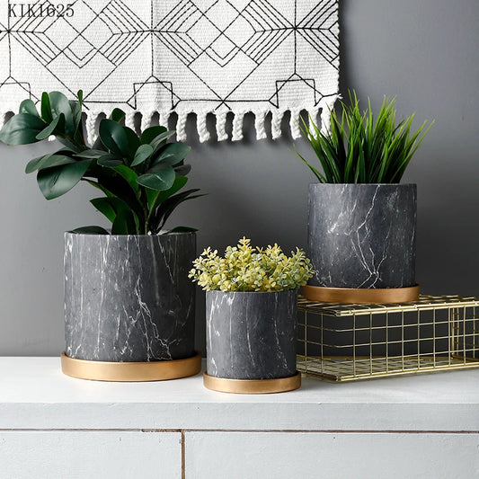European Style Marbled Cylindrical Ceramic Flowerpot with Golden Tray Household Succulents Potted Gardening Garden Decoration