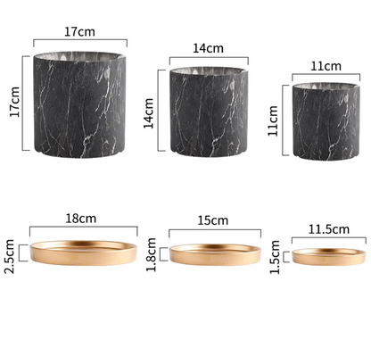 European Style Marbled Cylindrical Ceramic Flowerpot with Golden Tray Household Succulents Potted Gardening Garden Decoration