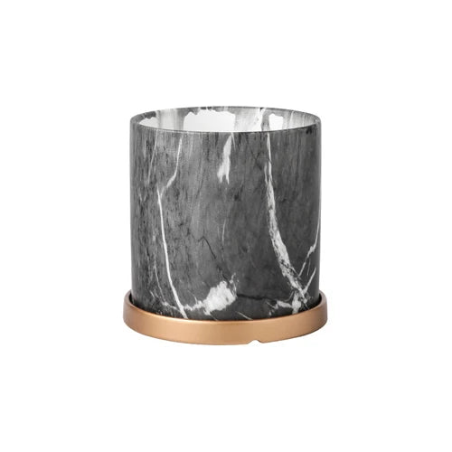 European Style Marbled Cylindrical Ceramic Flowerpot with Golden Tray Household Succulents Potted Gardening Garden Decoration